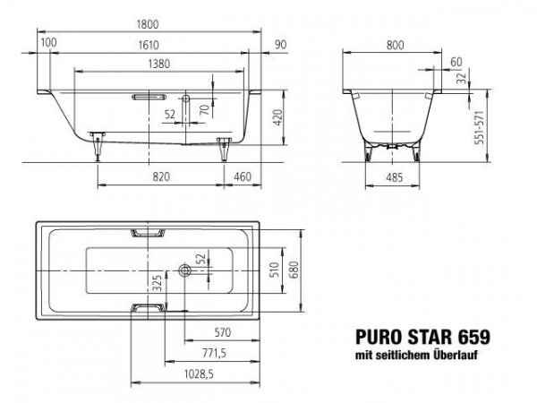 Kaldewei Standaard Bad met zijoverloop model 659 Puro Star (255927060)