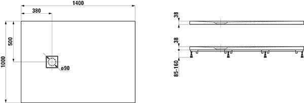 Douchebak Rechthoekig Laufen SOLUTIONS korte zijde ontlading 1400x1000x38mm Wit