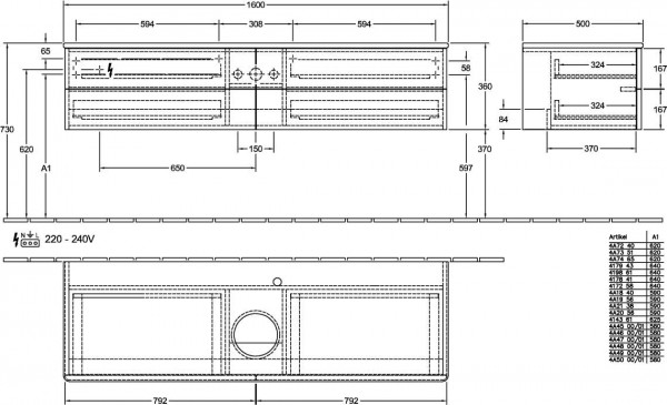 Wastafelmeubel Voor Opzet Waskom Villeroy en Boch Antao 1600x360x500mm Black Matt Laquered