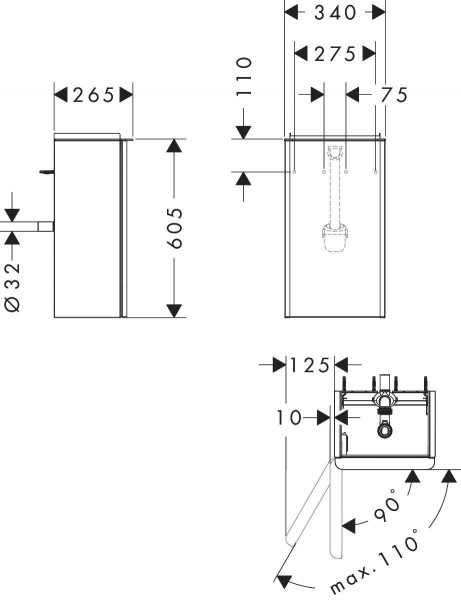 Fonteinmeubel Hansgrohe Xelu Q Inbouw draaideur linksscharnier 340x255x605mm Glanzend Wit/Zwart Mat