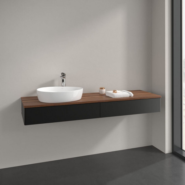 Meuble Pour Vasque à Poser Villeroy et Boch Antao à gauche Lumière 1 trou 2 tiroirs en longueur 1600x190x500mm Black Matt Laquered/Warm Walnut