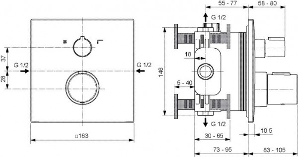 Thermostaatkraan Bad Ideal Standard Ceratherm C100 inbouw, 2 stopcontacten 163x163mm Chroom