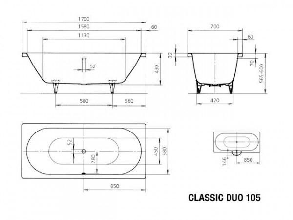 Kaldewei Classic Duo plaatstaal bad dikwandig rechthoekig 170x70x43cm wit 290500010001