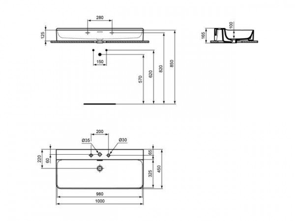 Ideal Standard Hangende Wastafel CONCA 3 Gaten met overloop 1000x165x450mm Wit