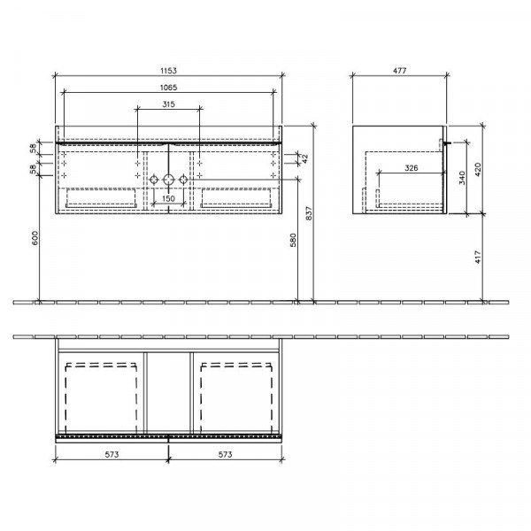 Villeroy en Boch Venticello wastafelmeubel voor dubbele wastafel 1153 x 420 x 502 mm (A93802)