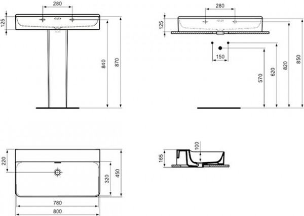 Ideal Standard Hangende Wastafel CONCA geslepen, met overloop 800x165x450mm Wit