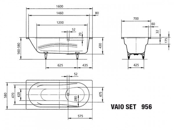 Kaldewei Standaard Bad model 956 met zijoverloop Vaio Set Alpenwit (233623000)