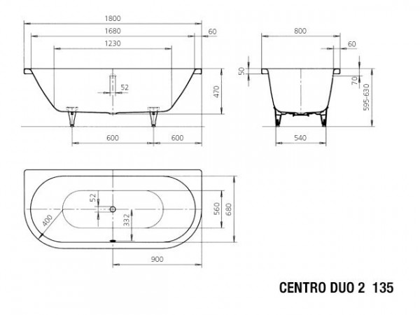 Kaldewei Standaard Bad 2 afgeronde hoeken model 135 Centro Duo 2 (283500010)