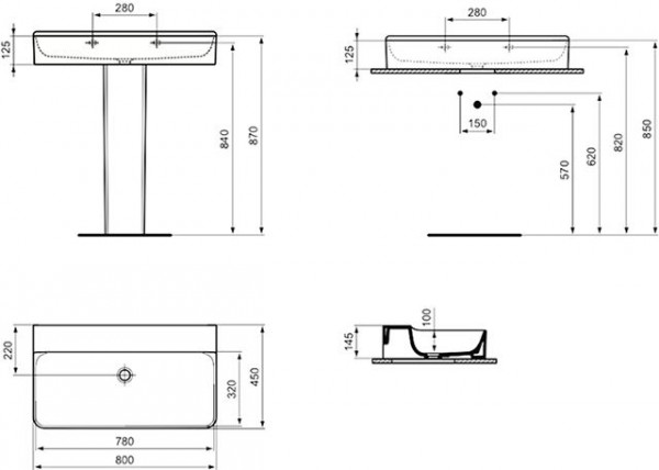 Ideal Standard Hangende Wastafel CONCA geslepen, IdealPlus 800x145x450mm Wit Ideal +