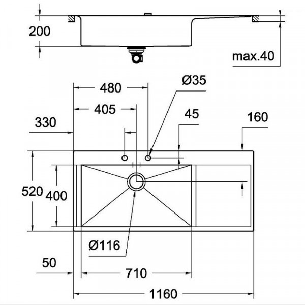 Grohe Roestvrij stalen gootsteen 1 Afvoerbak 1160x520mm Fabrieksmatig gemonteerde linksdraaiende ...