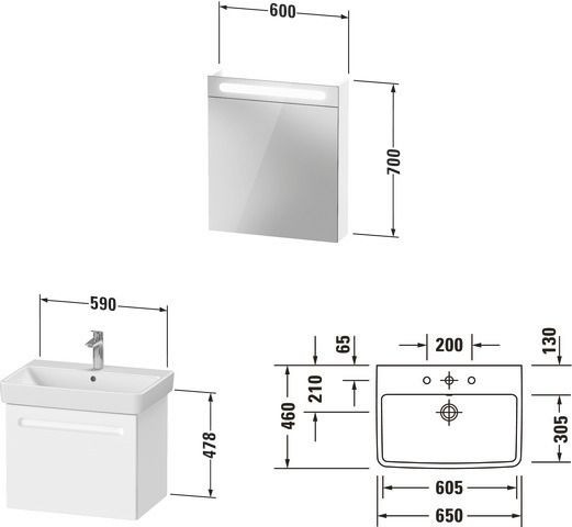Badkamermeubel Set Duravit No.1 Onderkast rechts, wastafel, spiegelkast 650mm, Interne lade Mat Wit