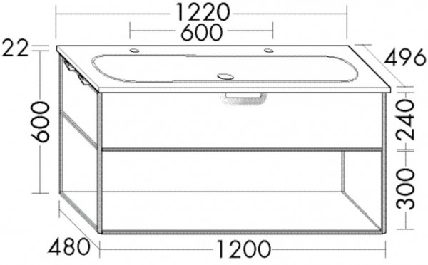 Set Meuble Salle De Bain Burgbad Vry Meuble 1 tiroir, 1 tablette, Lavabo double 1230mm Personnalisable SGUK123-PN610