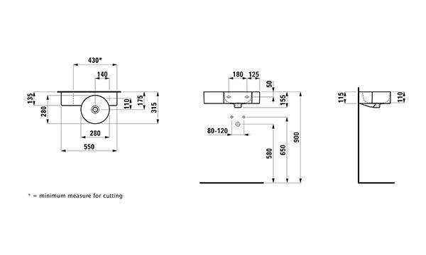 Fontein Toilet Laufen VAL 1 gat rechts, overloop, plank links, snijbaar 550mm Wit Clean Coat