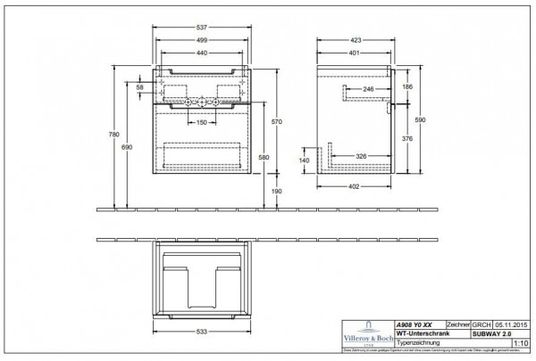 Villeroy en Boch Subway 2.0 Wastafelmeubel 537x590x385 mm (A90800)