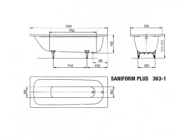 Kaldewei Ligbad Saniform Plus 1700x700x410mm Model 363-1 Zwart 111834013701