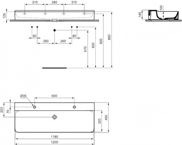 Ideal Standard Dubbele Wastafel CONCA 2 Gaten 1200x145x450mm Wit