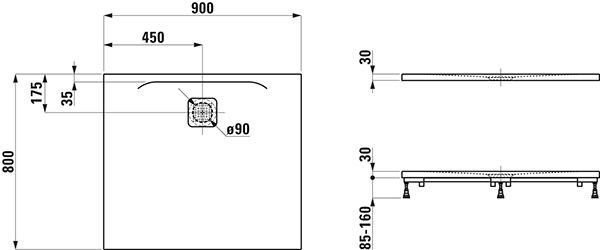 Douchebak Rechthoekig Laufen PRO lange zij-uitworp 900x800x30mm Zwart