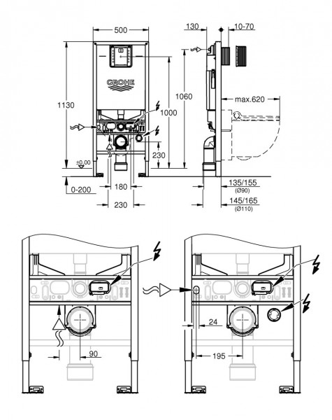 Inbouwreservoir Toilet Grohe Rapid SLX met elektrische en wateraansluiting Japans toilet 1130 mm