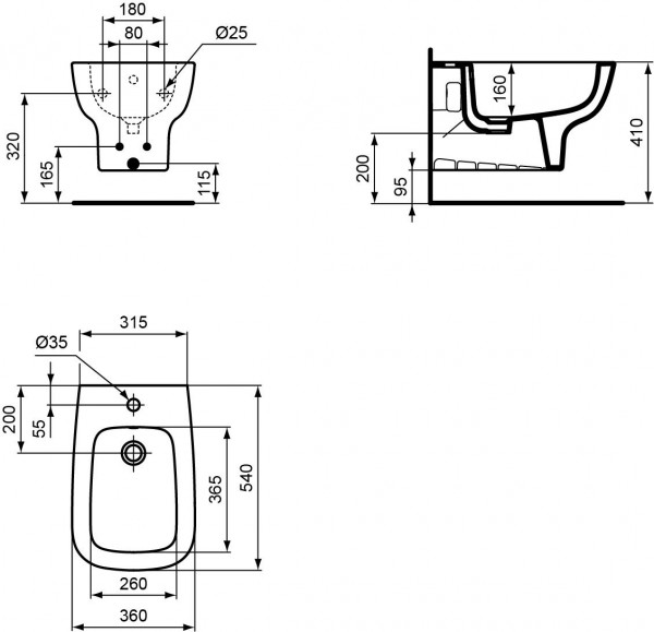 Ideal Standard Bidet CONNECT E 1 gaat 360x540x315mm Wit