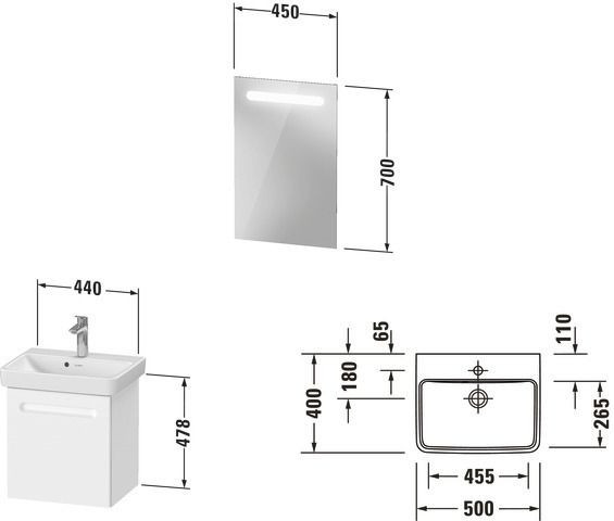 Badkamermeubel Set Duravit No.1 Onderkast, rechtse uitvoering, wastafel, spiegel 500mm Grafiet Mat