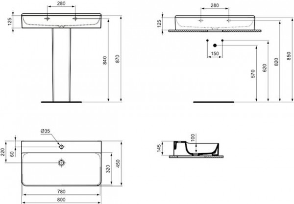 Ideal Standard Hangende Wastafel CONCA 1 gat IdealPlus 800x145x450mm Wit Ideal +