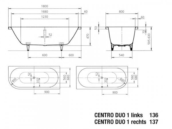 Kaldewei Afgerond Standaard Bad model 136, 1 linkerhoek Centro Duo (283600010)