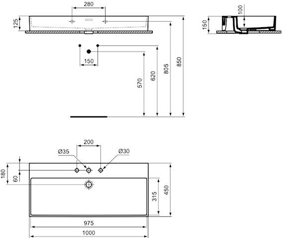 Ideal Standard Hangende Wastafel EXTRA geslepen, 3 Gaten met overloop IdealPlus 1000x150x450mm Wi...