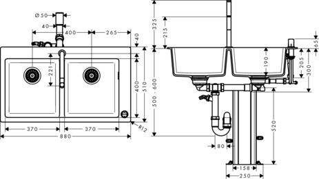 Hansgrohe Inbouw Spoelbak C51 Pack Zwart Grafiet/Chroom 880 mm 43221000