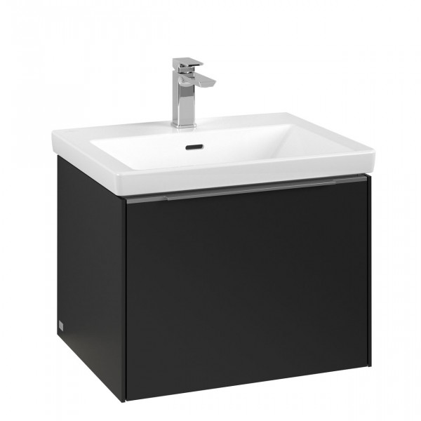 Villeroy & Boch Subway 3.0 wastafelonderkast 60x40x45cm met aluminium glanzende greep 1 softclose lade met LED verlichting 1 sifonuitsparing spaanplaat volcano black c577l0vl