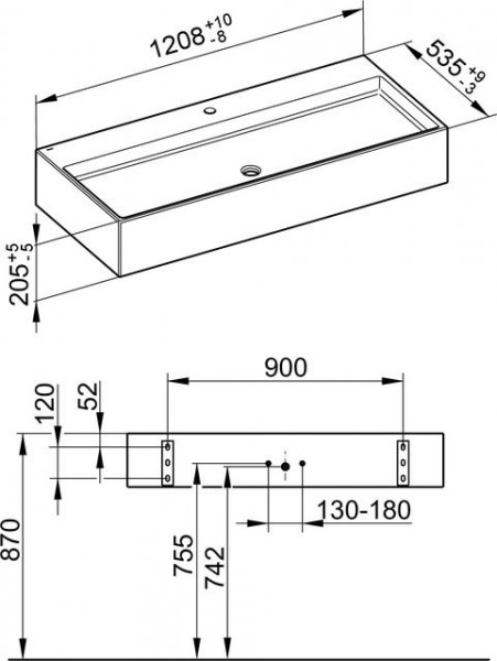 Hangende Wastafel Keuco Edition 90, 1 gat, 1208x205x535mm, Keramiek Grijze Lei