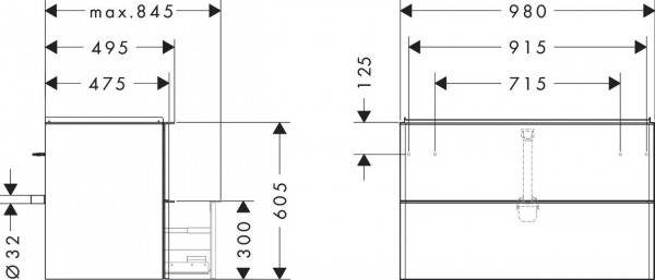 Wastafel Onderkast Hansgrohe Xelu Q 2 laden 980x475x605mm Walnut Dark/Mat Wit