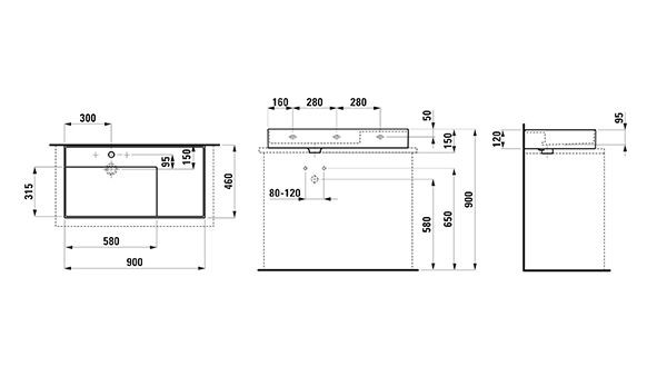 Opbouw Wastafel Laufen KARTELL 1 gat, plank rechts 460x150x900mm Grafiet Mat