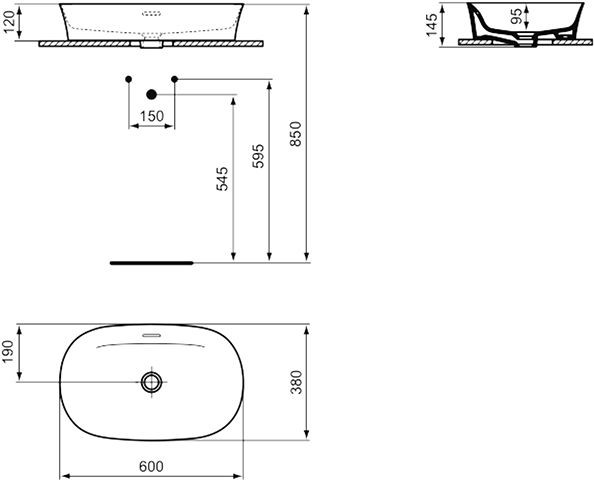 Ideal Standard Opbouw Wastafel IPALYSS met overloop 600x145x380mm Granada