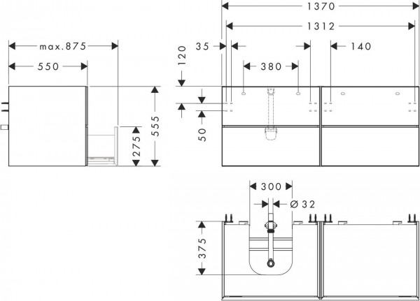 Wastafelmeubel Voor Opzet Waskom Hansgrohe Xevolos E 4 Laden Links Scharnier 1370x550x555mm Zandb...