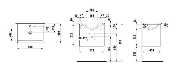 Badkamermeubel Set Laufen PALACE Wastafel, badmeubel, 2 laden, zwarte handgrepen 600x545mm Glanze...