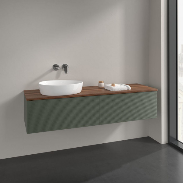 Meuble Pour Vasque à Poser Villeroy et Boch Antao à gauche avec Structure, Lumière 2 tiroirs 1600x360x500mm Leaf Green Matt Lacquer/Warm Walnut