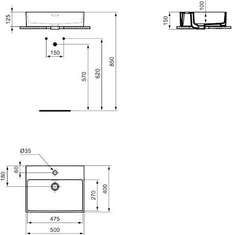 Ideal Standard Opbouw Wastafel EXTRA 1 gat 500x125x400mm Wit