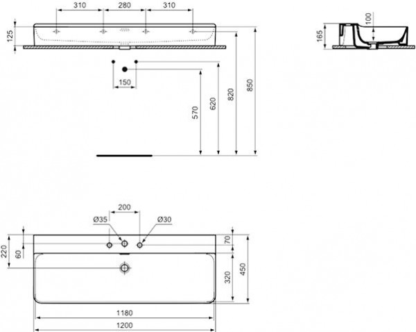 Ideal Standard Hangende Wastafel CONCA geslepen, 3 Gaten met overloop IdealPlus 1200x165x450mm Wi...