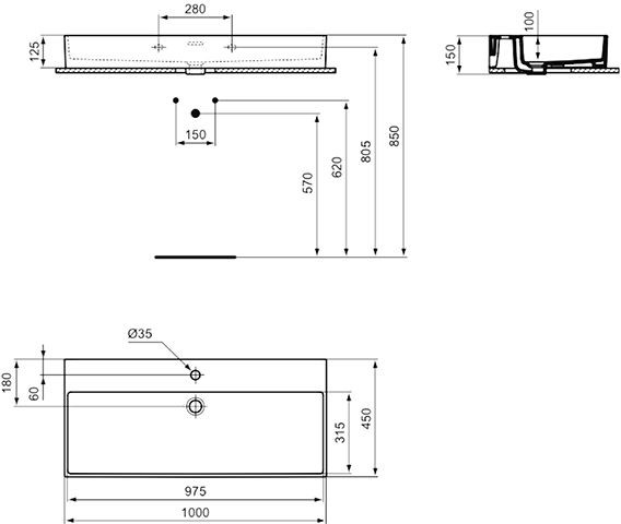 Ideal Standard Hangende Wastafel EXTRA geslepen, 1 gat met overloop 1000x150x450mm Wit