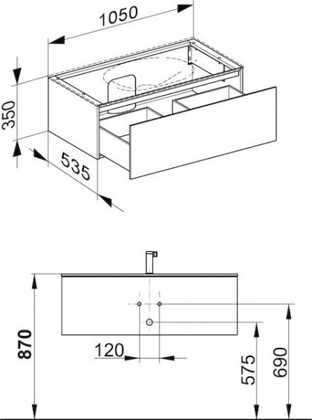 Wastafel Onderkast Keuco Edition 11 1 lade, Centrale wastafel 1050x350x535mm Truffel met structuur