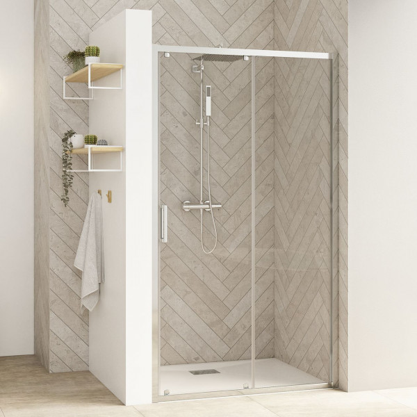Kinedo Porte de douche coulissante SMART DESIGN C pour installation en niche, en angle ou mural 1000mm Verre Transparent, Profilé blanc