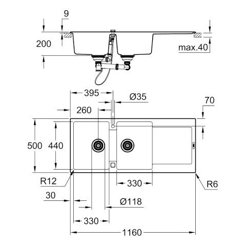 Grohe Inbouw Spoelbak K500 1160x500x200mm