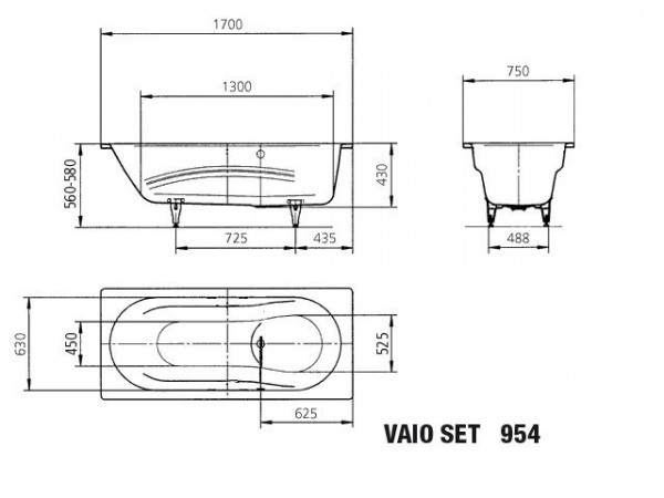 Kaldewei Standaard Bad model 955 met zijoverloop Vaio Set Star (233523000)