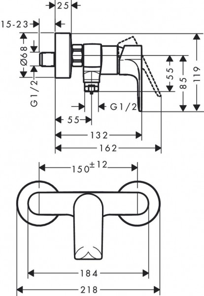 Wandgemonteerde Douchemengkraan Hansgrohe Rebris E 119x132mm Zwart Mat