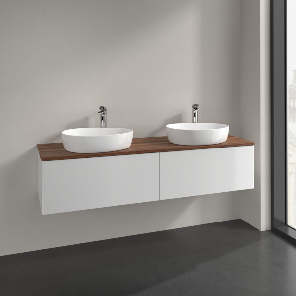 Meuble Double Vasque Villeroy et Boch Antao 2 x 1 trou 2 tiroirs en longueur 1600x360x500mm Glossy White Lacquer/Warm Walnut