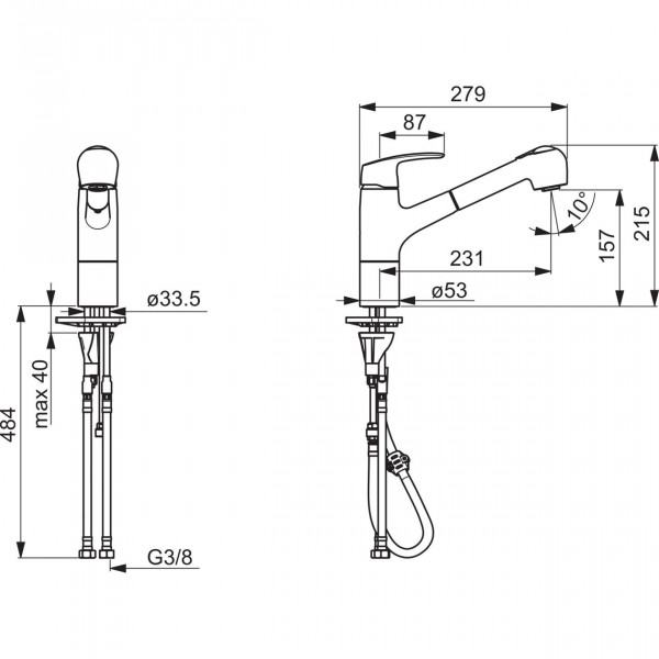 Hansa Hansapinto keukenkraan met uittrekbare handdouche 2-stralig uitloop 120° draaibaar 23.1cm chroom 45182283