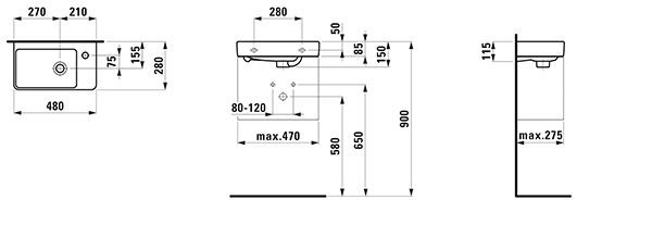 Fontein Toilet Laufen PRO S overloop, wastafel links 480mm Wit Clean Coat