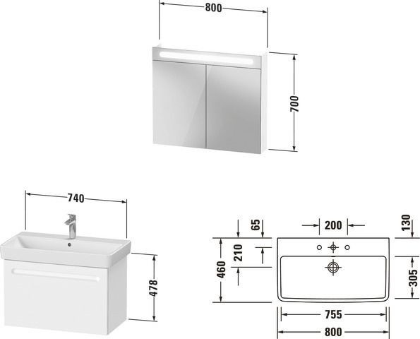 Badkamermeubel Set Duravit No.1 2-deurs badmeubel, Wastafel, Spiegelkast 800mm, Interne lade 800m...