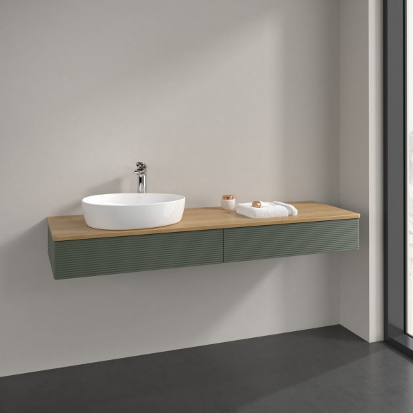 Meuble Pour Vasque à Poser Villeroy et Boch Antao à gauche avec Structure, Lumière 1 trou 2 tiroirs en longueur 1600x190x500mm Leaf Green Matt Lacquer/Honey Oak