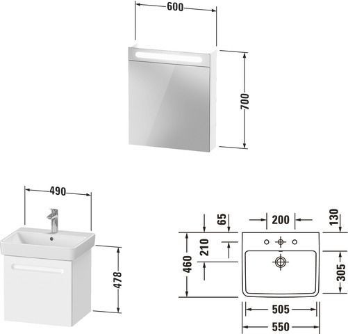 Badkamermeubel Set Duravit No.1 Onderkast links, wastafel, spiegelkast 550mm, Grafiet Mat